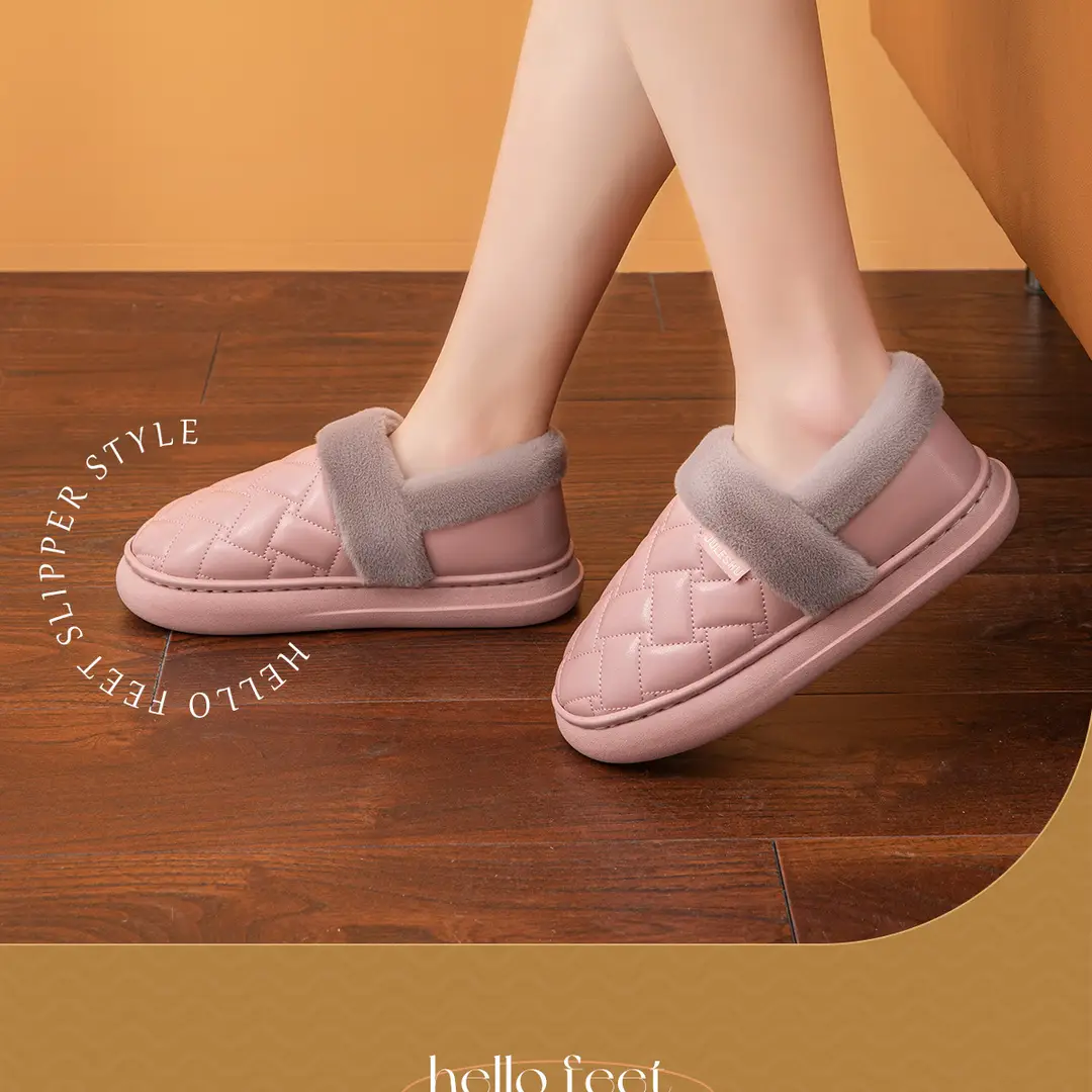 Waterproof Leather Cotton Slippers Women's Winter Home Indoor Thickened Warm Bag with Puleather Thick Slippers Household Autumn and Winter — feature 2