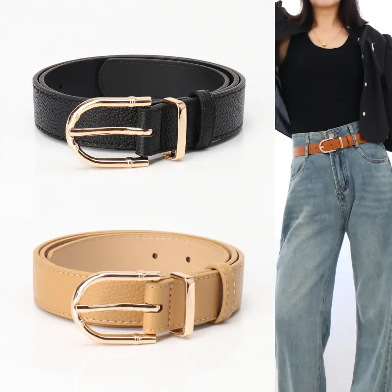 Women's Black Leather Belt with Gold Buckle - Image 9