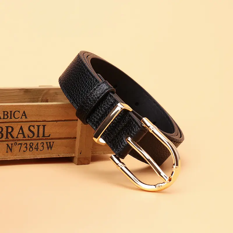 Women's Black Leather Belt with Gold Buckle - Image 2
