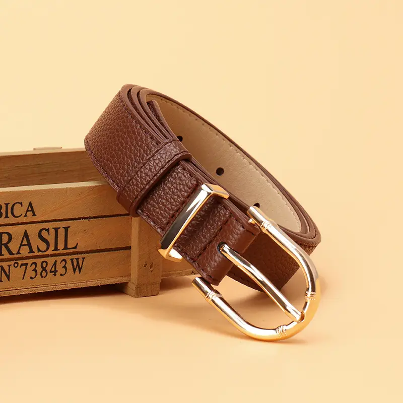 Women's Black Leather Belt with Gold Buckle - Image 6