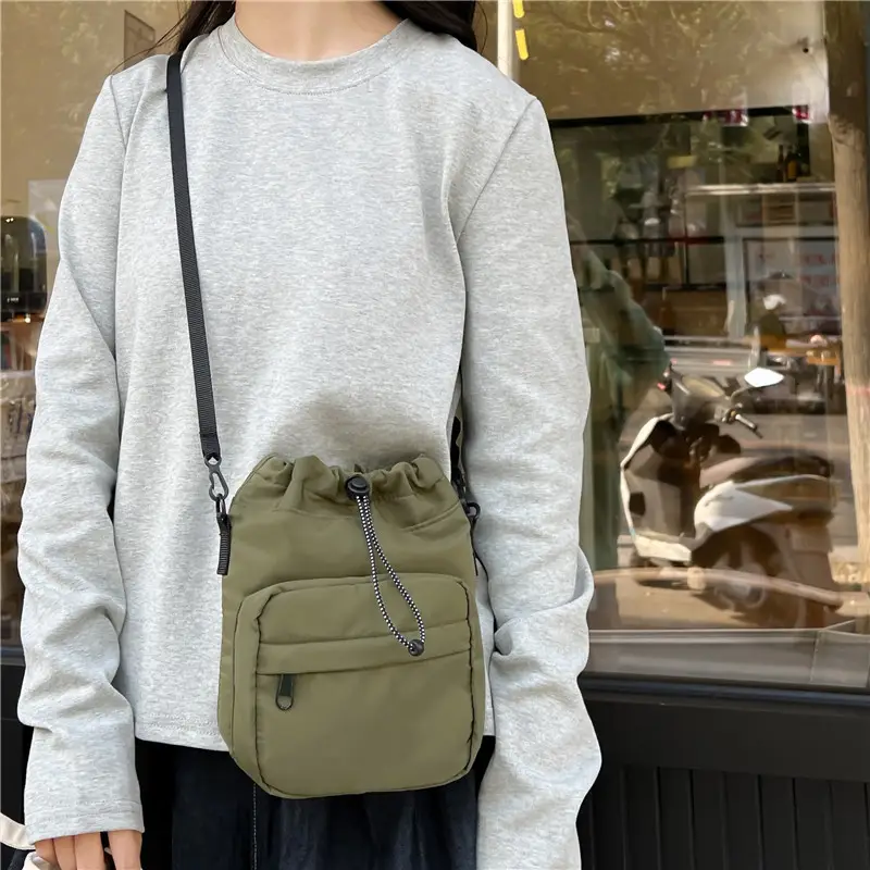 Women's Drawstring Shoulder Messenger Bag Beige Nylon Large Capacity - Image 6