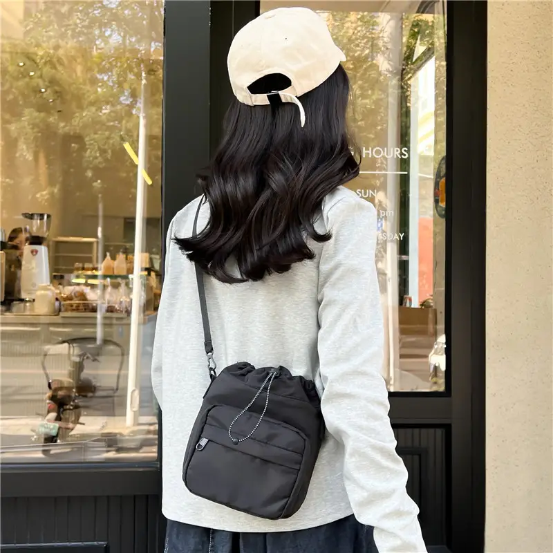 Women's Drawstring Shoulder Messenger Bag Beige Nylon Large Capacity - Image 7