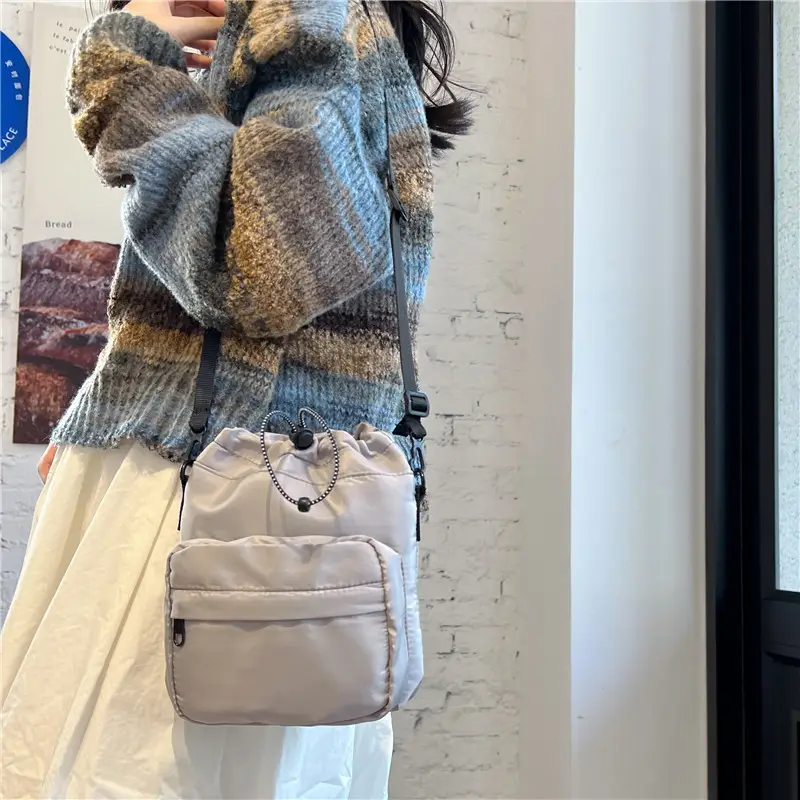 Women's Drawstring Shoulder Messenger Bag Beige Nylon Large Capacity - Image 8