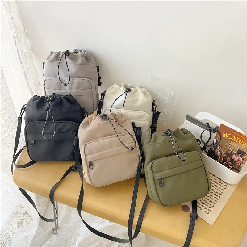 Women's Drawstring Shoulder Messenger Bag Beige Nylon Large Capacity - Image 9