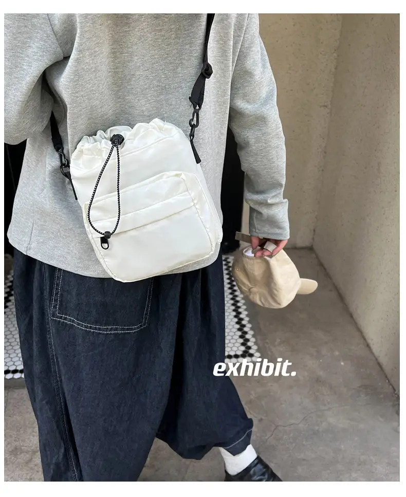 Women's Drawstring Shoulder Messenger Bag Beige Nylon Large Capacity — feature 1