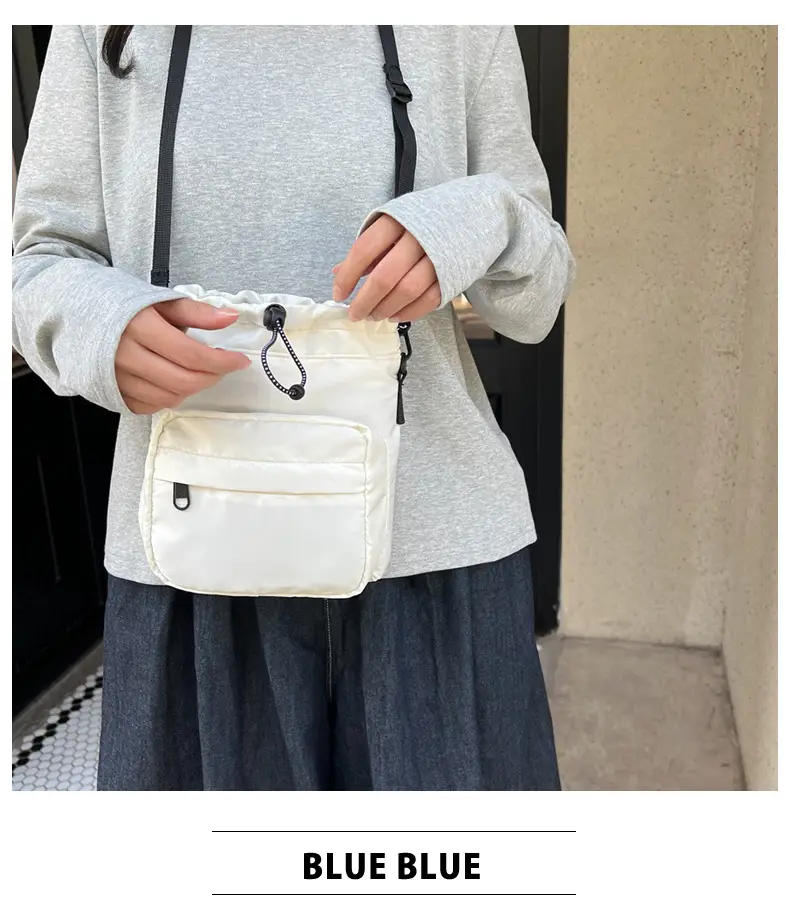 Women's Drawstring Shoulder Messenger Bag Beige Nylon Large Capacity — feature 13
