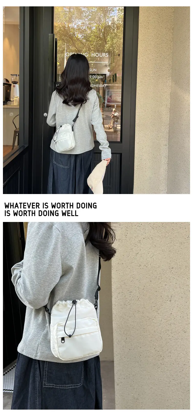 Women's Drawstring Shoulder Messenger Bag Beige Nylon Large Capacity — feature 15