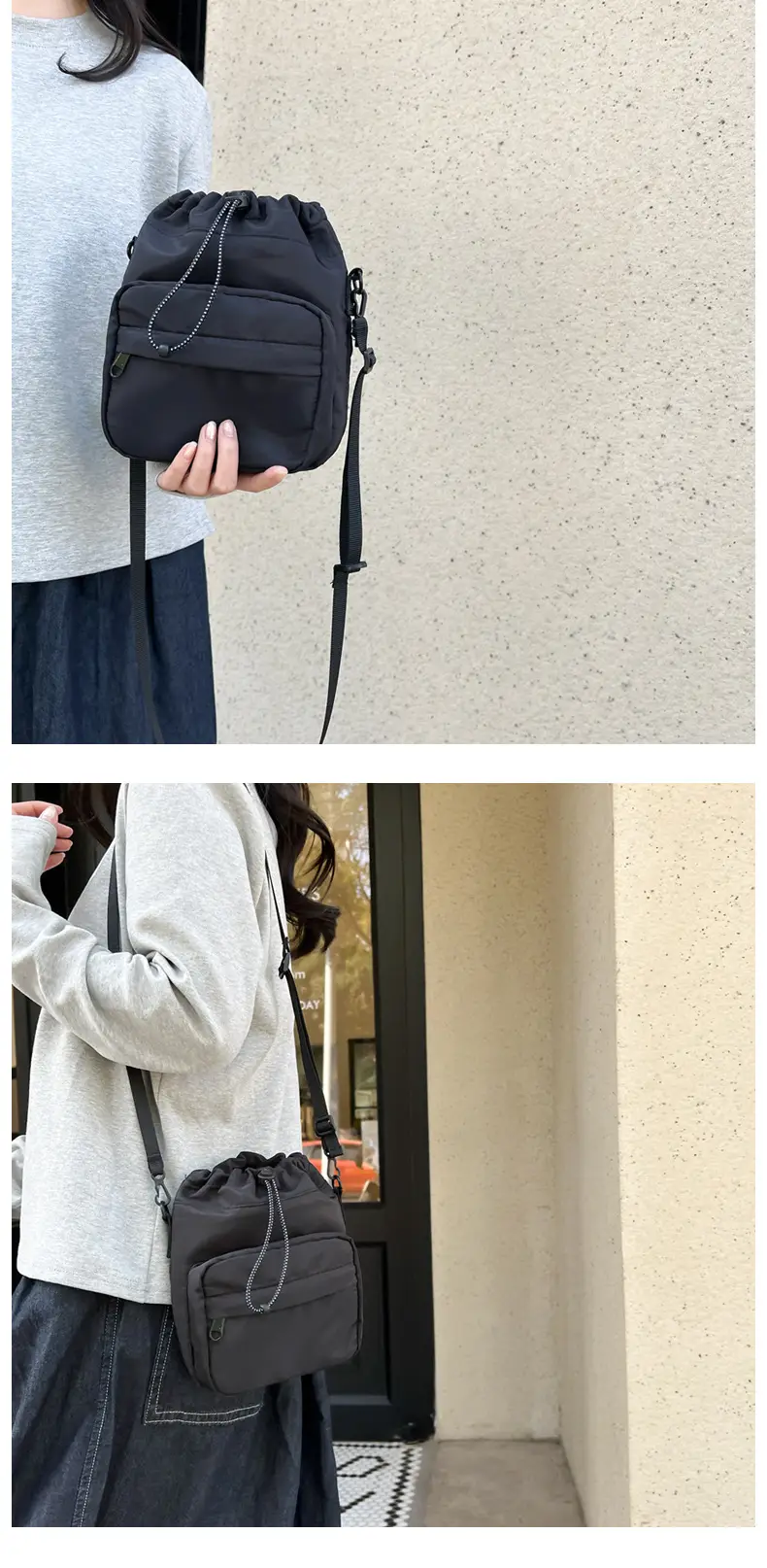 Women's Drawstring Shoulder Messenger Bag Beige Nylon Large Capacity — feature 16