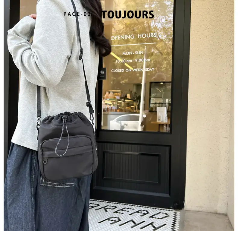 Women's Drawstring Shoulder Messenger Bag Beige Nylon Large Capacity — feature 17