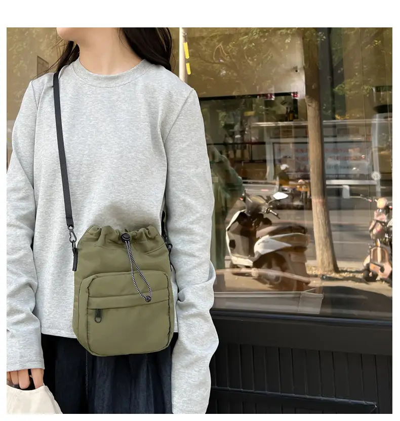 Women's Drawstring Shoulder Messenger Bag Beige Nylon Large Capacity — feature 2