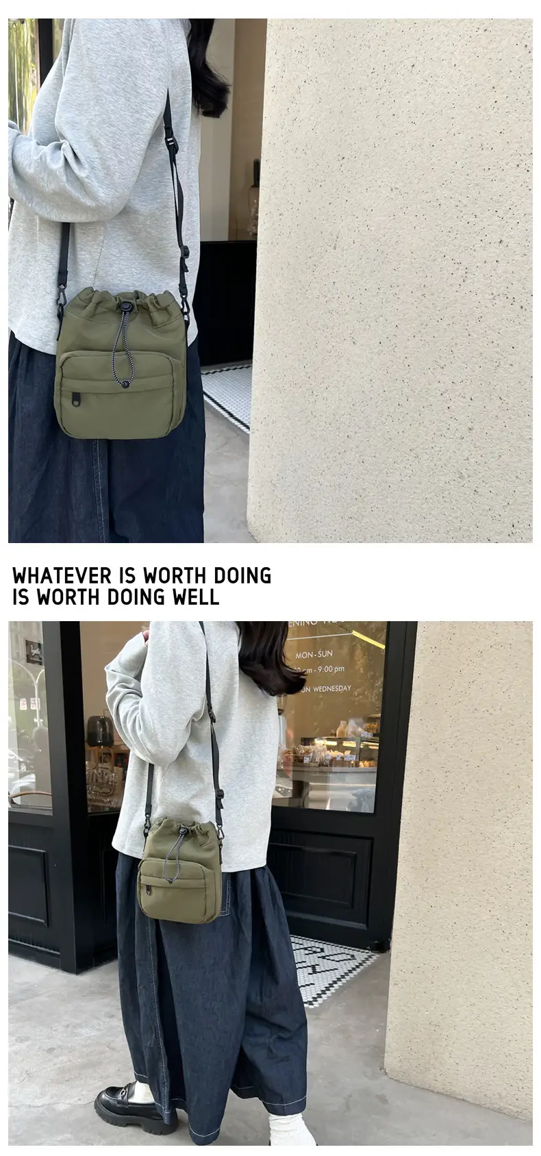 Women's Drawstring Shoulder Messenger Bag Beige Nylon Large Capacity — feature 21