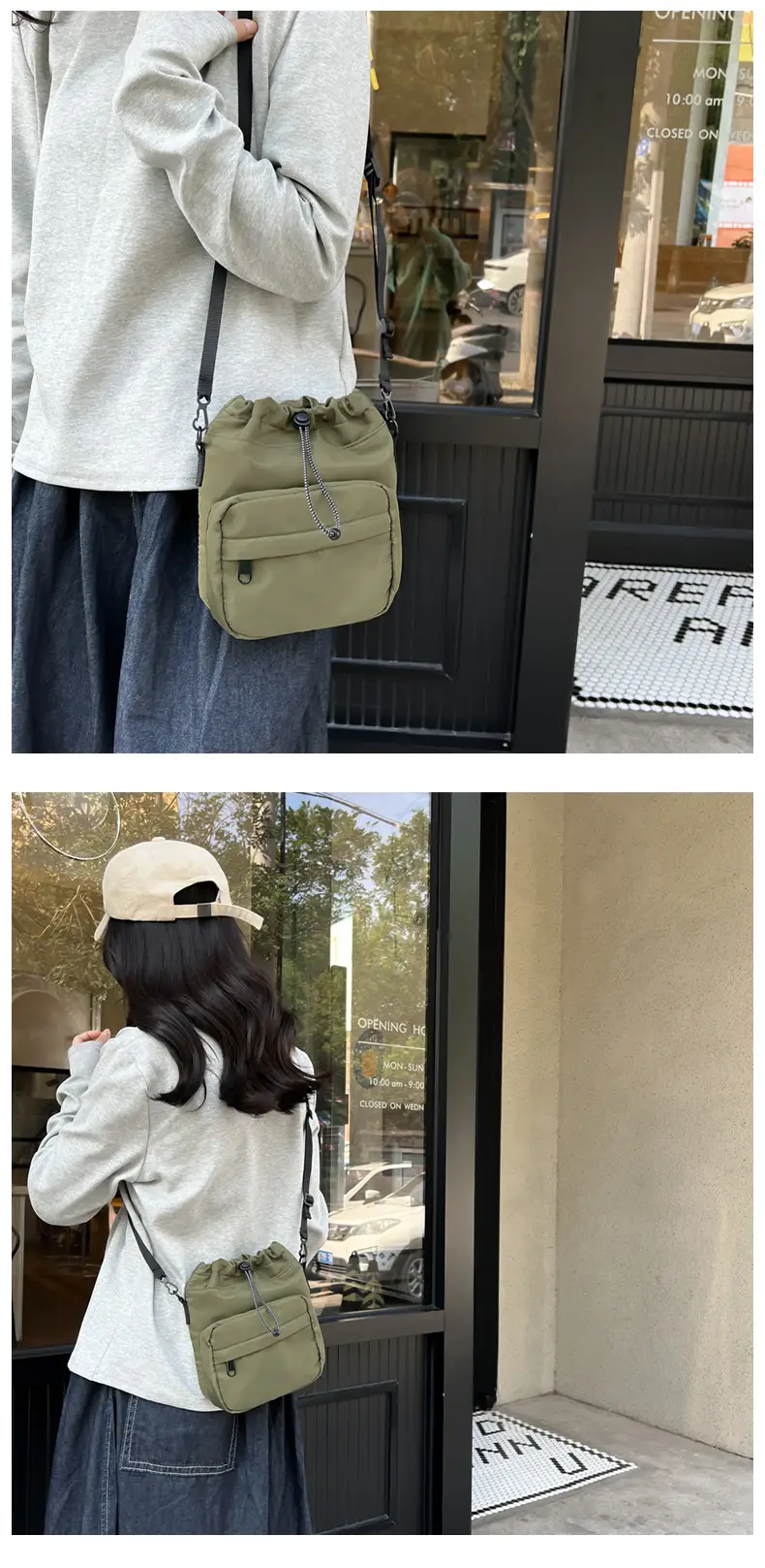 Women's Drawstring Shoulder Messenger Bag Beige Nylon Large Capacity — feature 22
