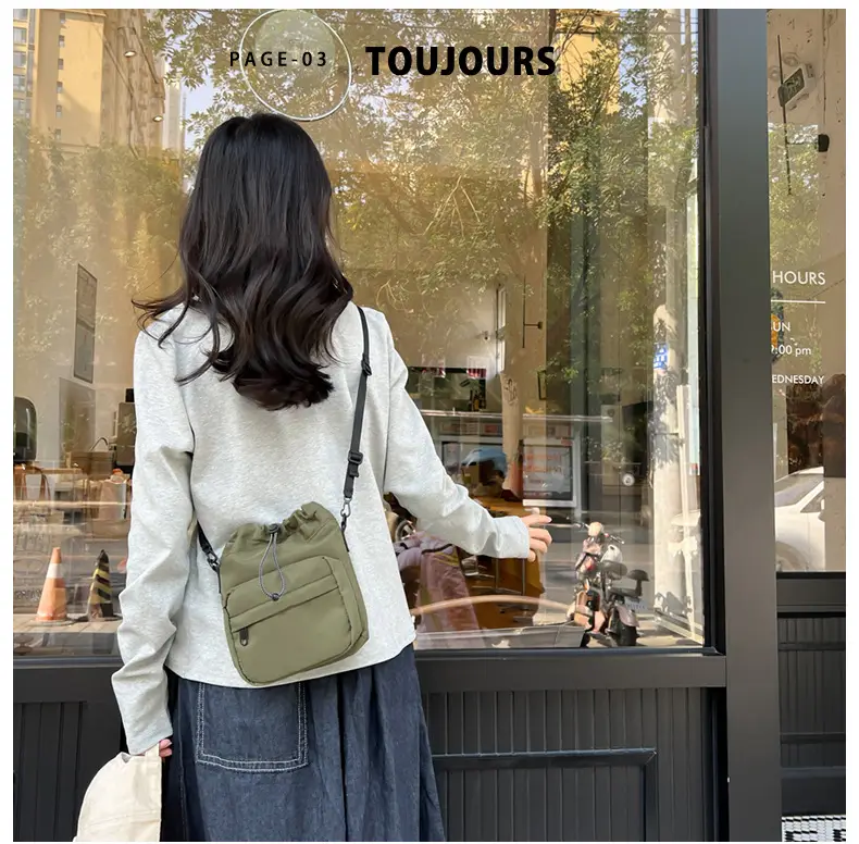 Women's Drawstring Shoulder Messenger Bag Beige Nylon Large Capacity — feature 23