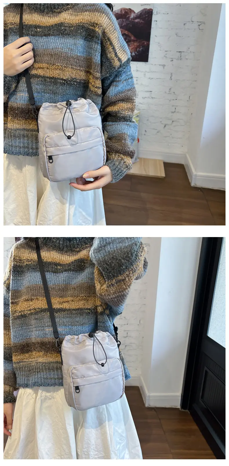 Women's Drawstring Shoulder Messenger Bag Beige Nylon Large Capacity — feature 28