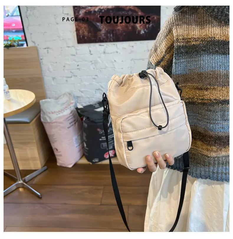 Women's Drawstring Shoulder Messenger Bag Beige Nylon Large Capacity — feature 29