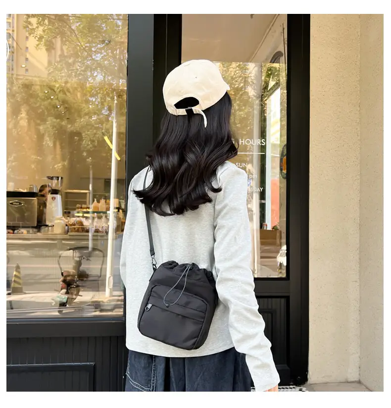 Women's Drawstring Shoulder Messenger Bag Beige Nylon Large Capacity — feature 3
