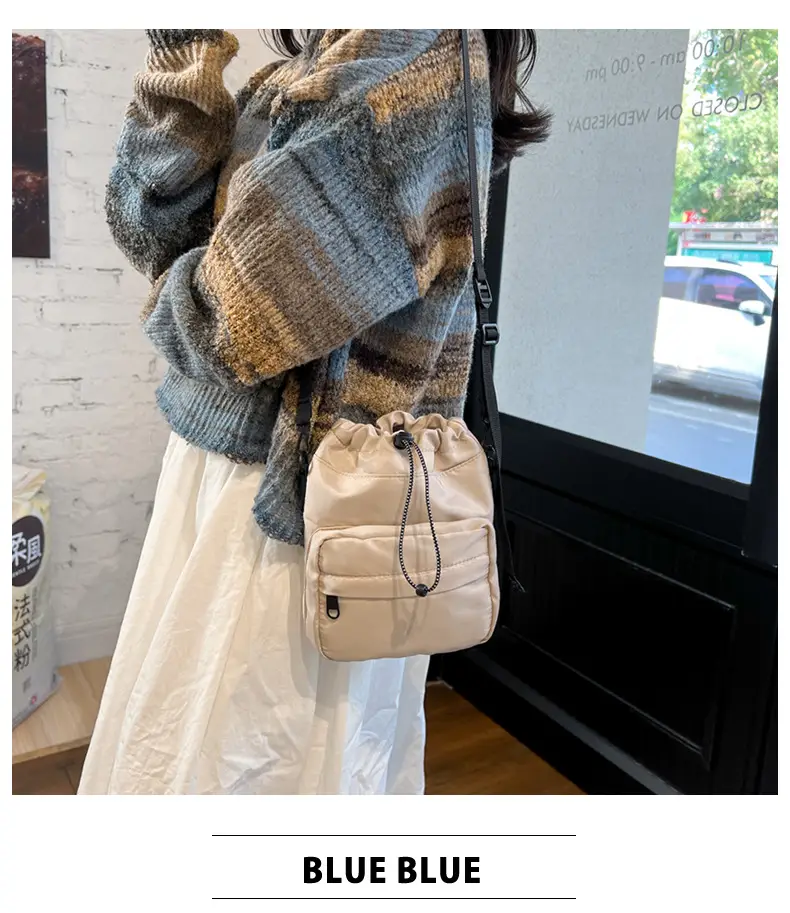 Women's Drawstring Shoulder Messenger Bag Beige Nylon Large Capacity — feature 31