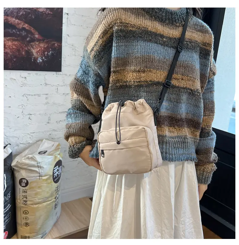 Women's Drawstring Shoulder Messenger Bag Beige Nylon Large Capacity — feature 33