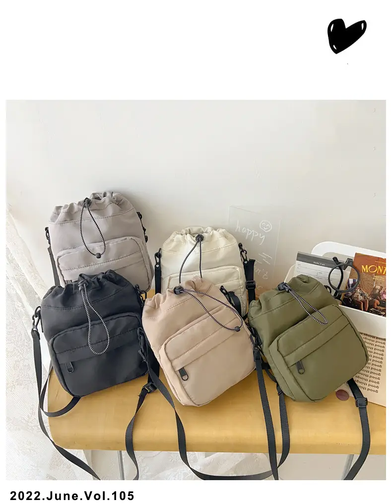 Women's Drawstring Shoulder Messenger Bag Beige Nylon Large Capacity — feature 34