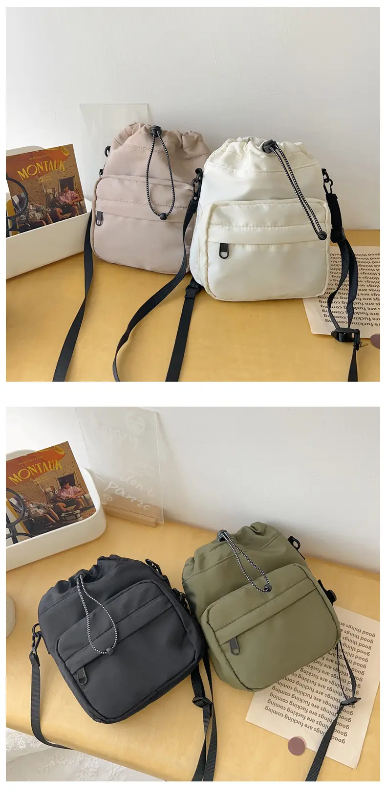 Women's Drawstring Shoulder Messenger Bag Beige Nylon Large Capacity — feature 35