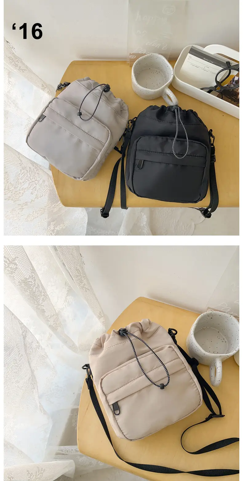Women's Drawstring Shoulder Messenger Bag Beige Nylon Large Capacity — feature 36