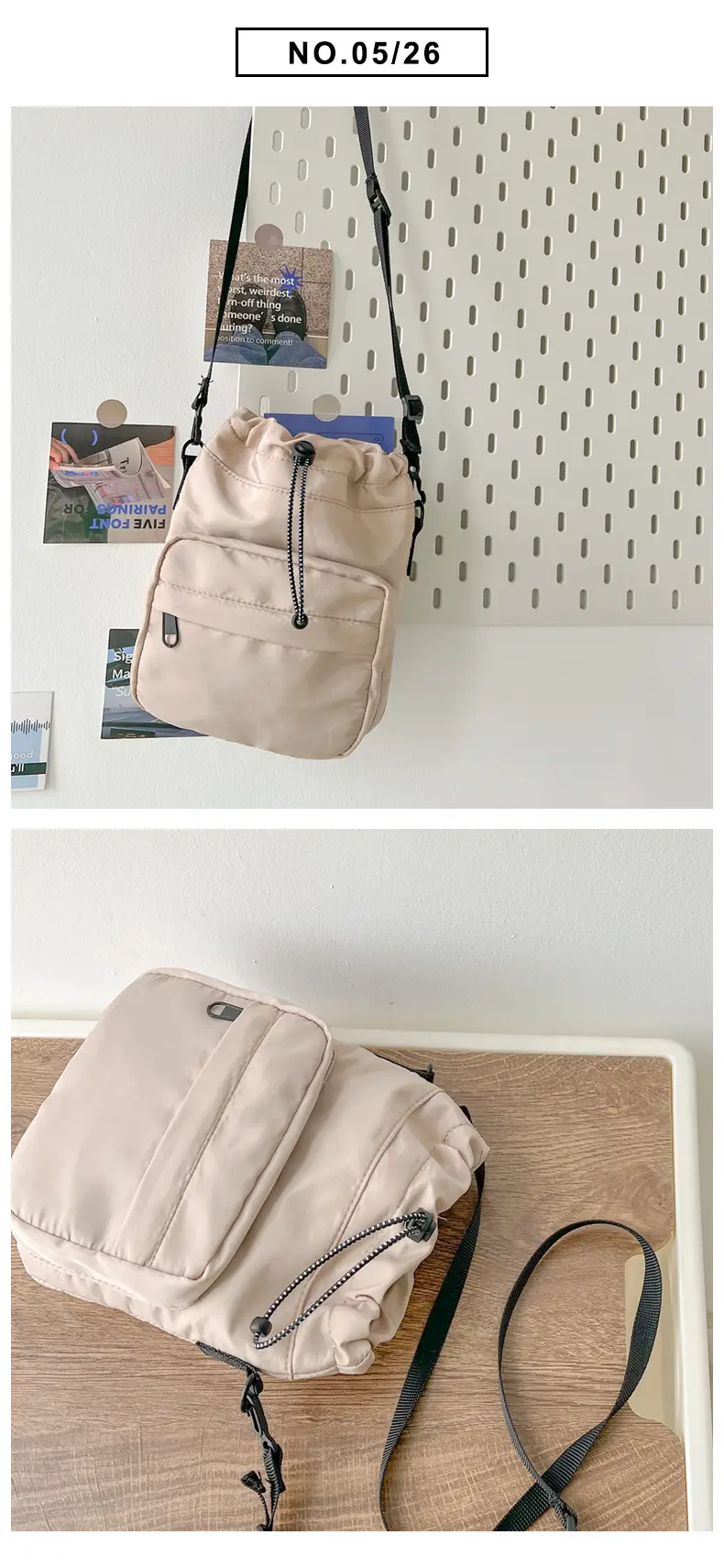 Women's Drawstring Shoulder Messenger Bag Beige Nylon Large Capacity — feature 37