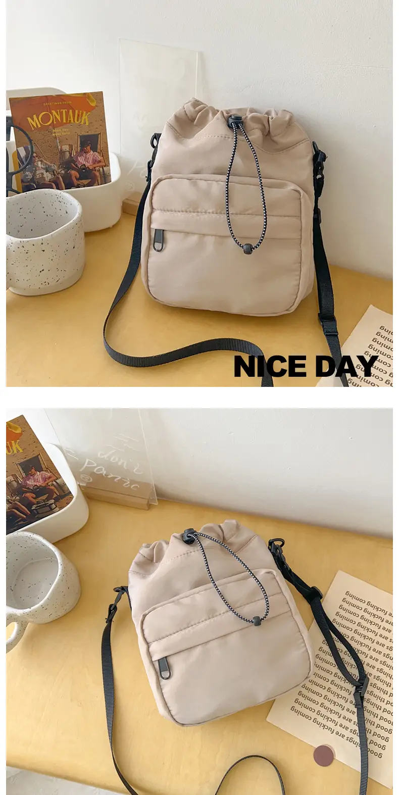 Women's Drawstring Shoulder Messenger Bag Beige Nylon Large Capacity — feature 38