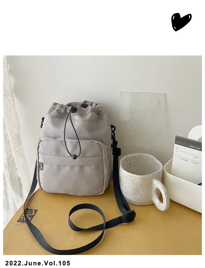 Women's Drawstring Shoulder Messenger Bag Beige Nylon Large Capacity — feature 39