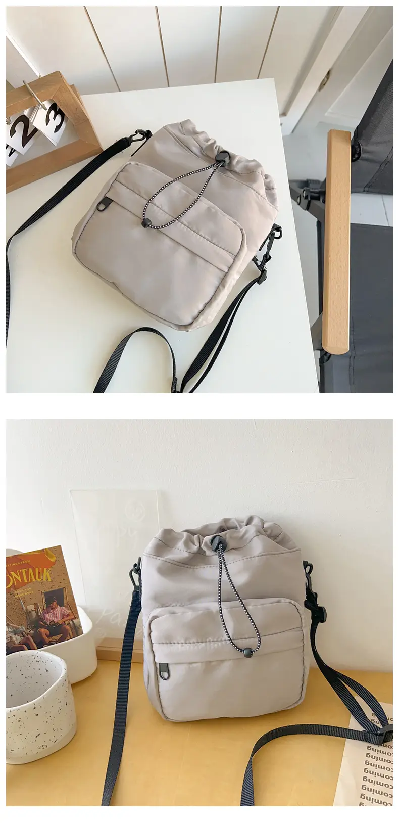Women's Drawstring Shoulder Messenger Bag Beige Nylon Large Capacity — feature 40