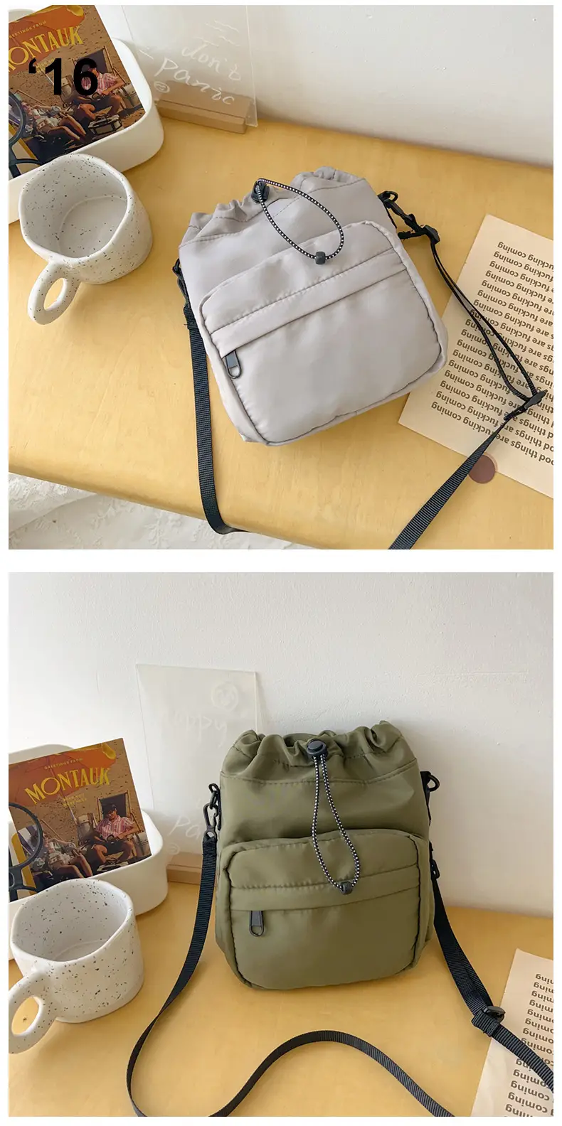Women's Drawstring Shoulder Messenger Bag Beige Nylon Large Capacity — feature 41