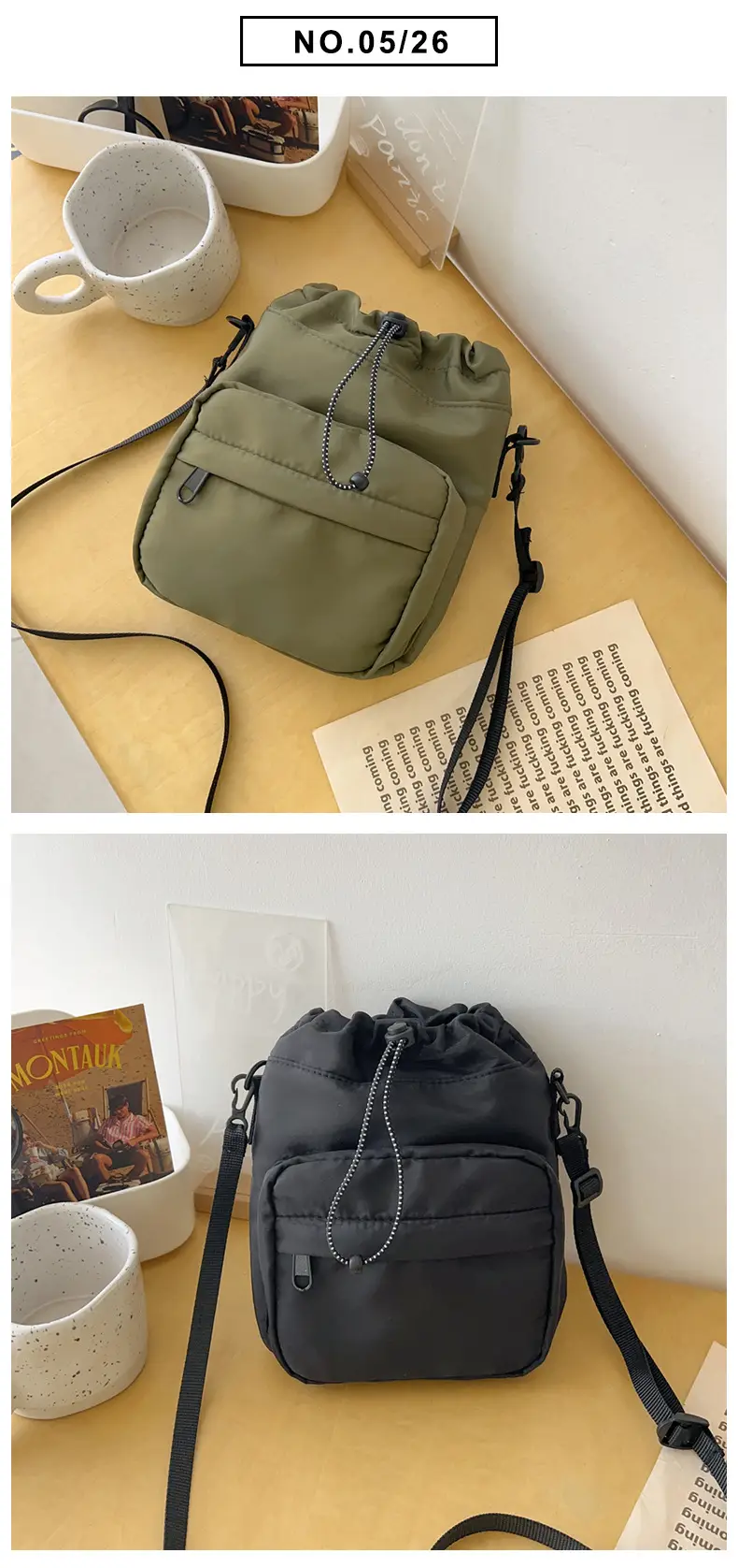 Women's Drawstring Shoulder Messenger Bag Beige Nylon Large Capacity — feature 42