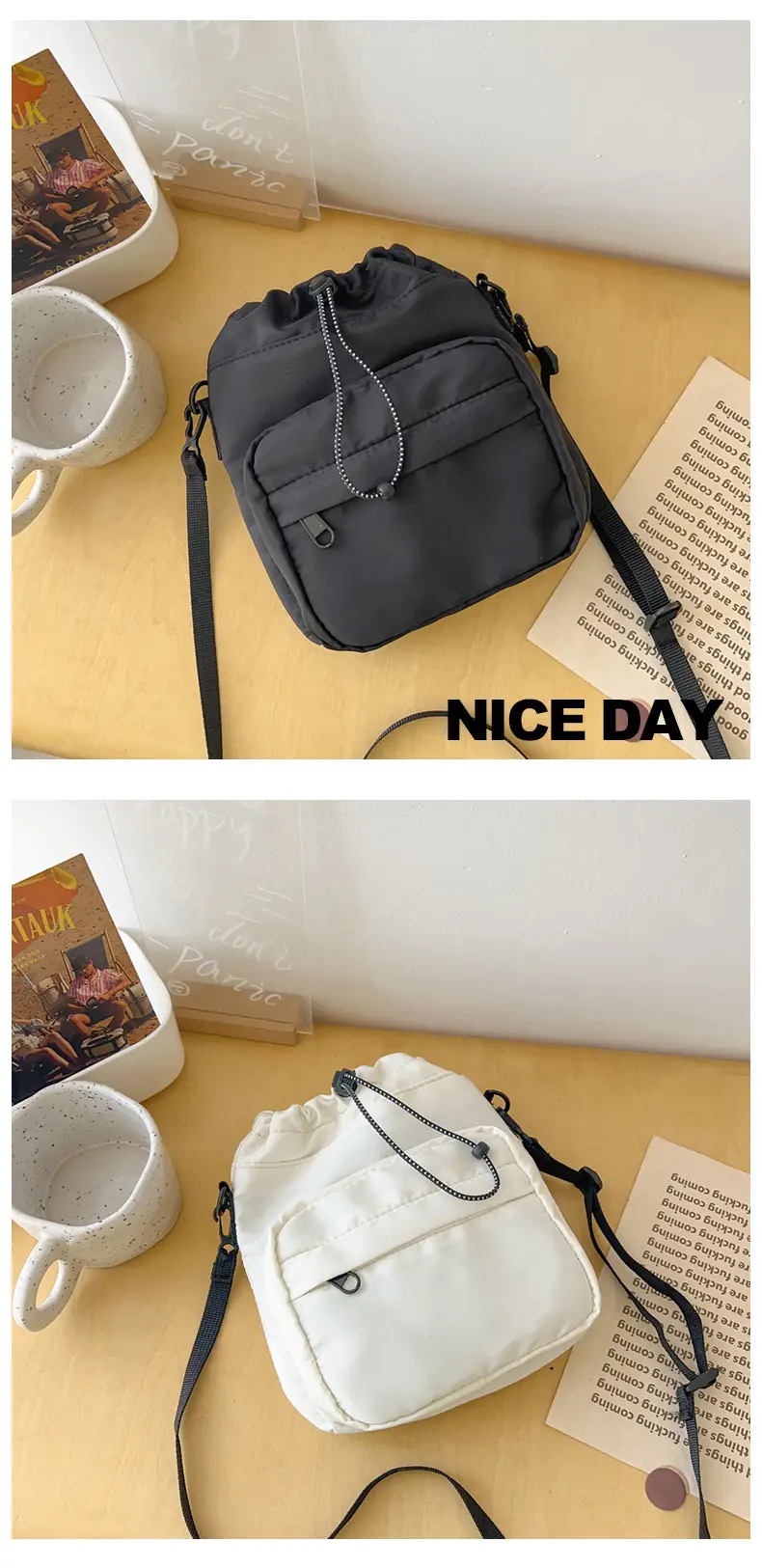 Women's Drawstring Shoulder Messenger Bag Beige Nylon Large Capacity — feature 43