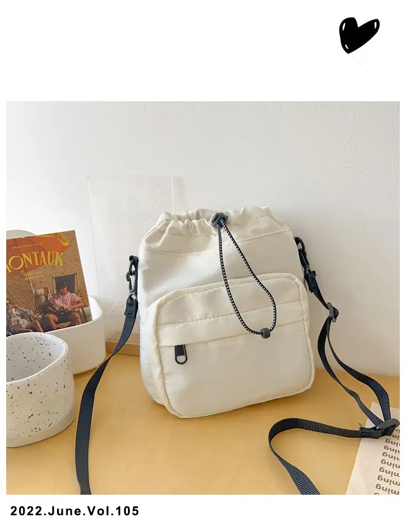 Women's Drawstring Shoulder Messenger Bag Beige Nylon Large Capacity — feature 44