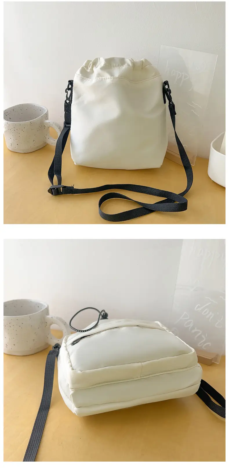 Women's Drawstring Shoulder Messenger Bag Beige Nylon Large Capacity — feature 45