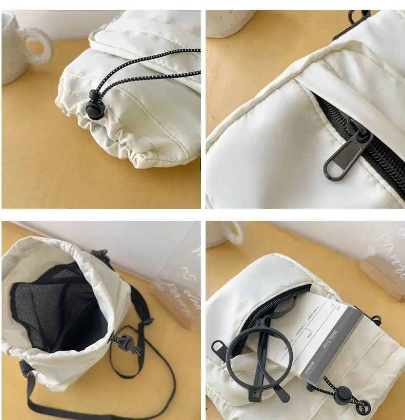 Women's Drawstring Shoulder Messenger Bag Beige Nylon Large Capacity — feature 49