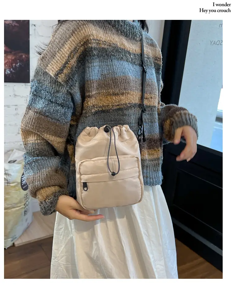 Women's Drawstring Shoulder Messenger Bag Beige Nylon Large Capacity — feature 5