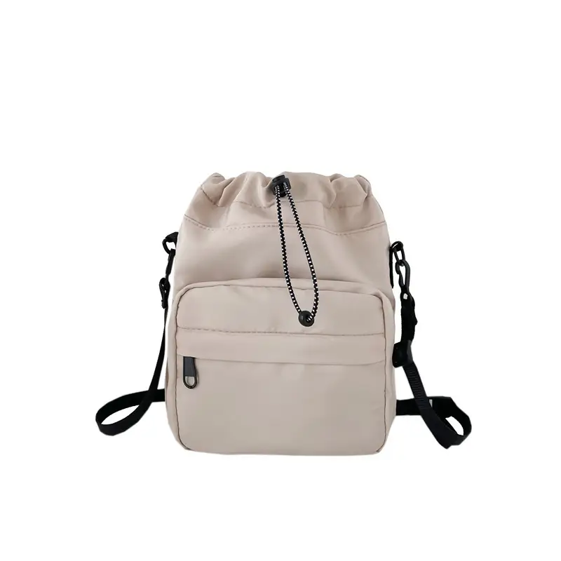 Women's Drawstring Shoulder Messenger Bag Beige Nylon Large Capacity - Image 3