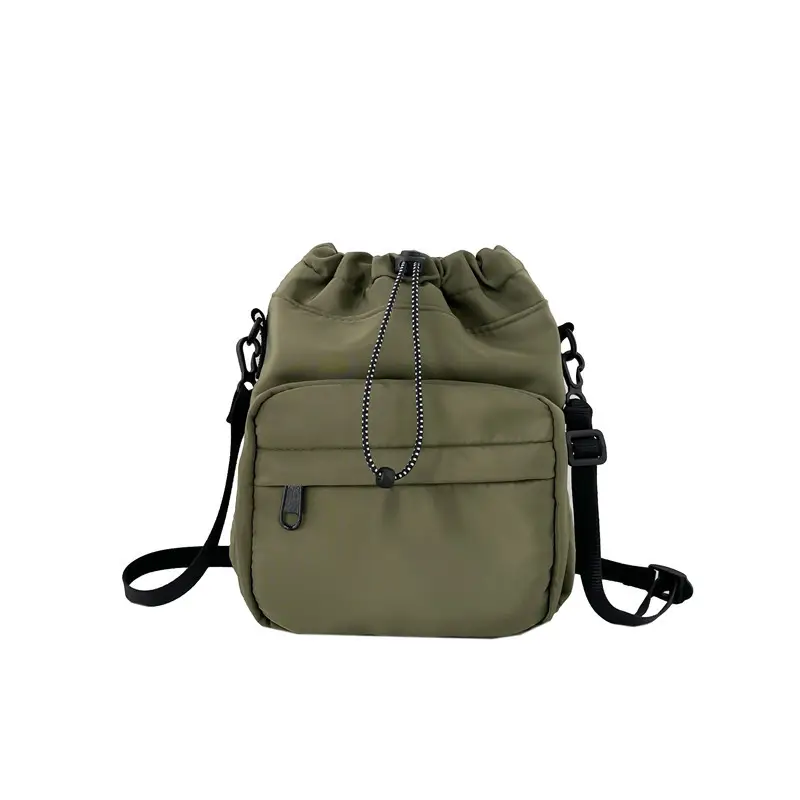 Women's Drawstring Shoulder Messenger Bag Beige Nylon Large Capacity - Image 4