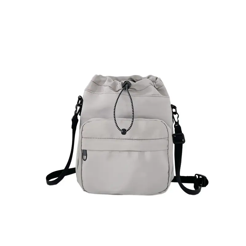 Women's Drawstring Shoulder Messenger Bag Beige Nylon Large Capacity - Image 5