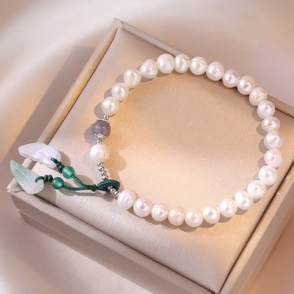 S925 Natural Pearl Bracelet with Jade Pendant