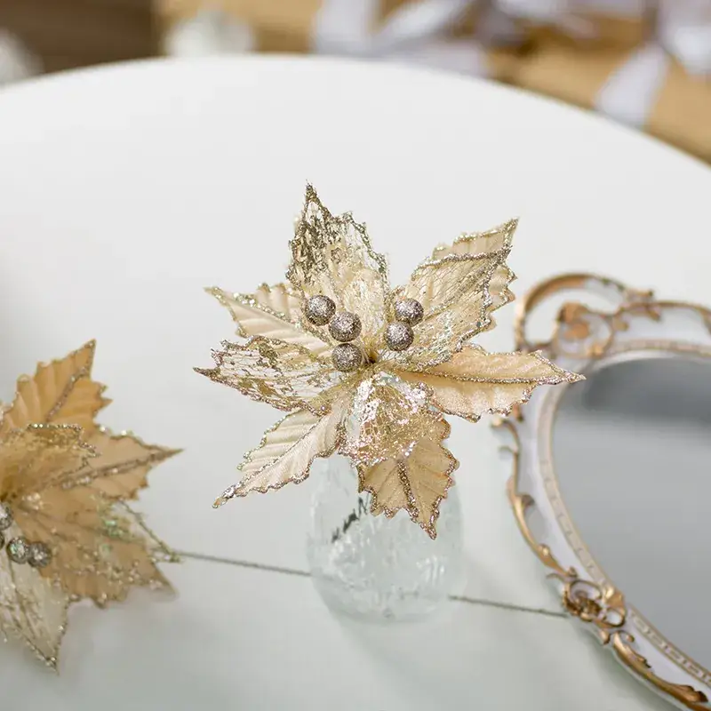Golden Christmas Flower Decor 20CM Crafted Flannel - Image 3