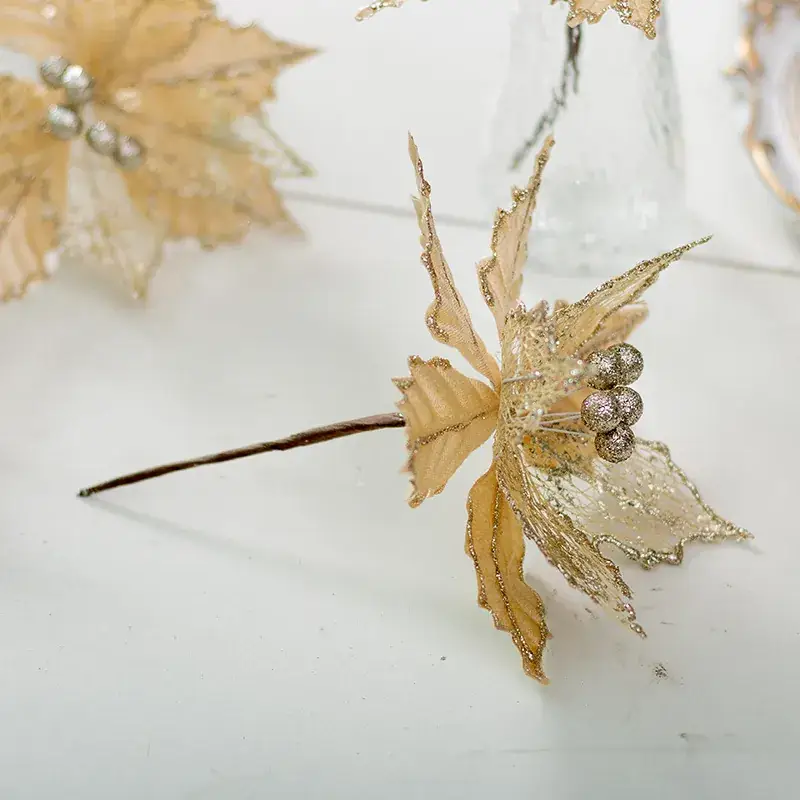 Golden Christmas Flower Decor 20CM Crafted Flannel - Image 5