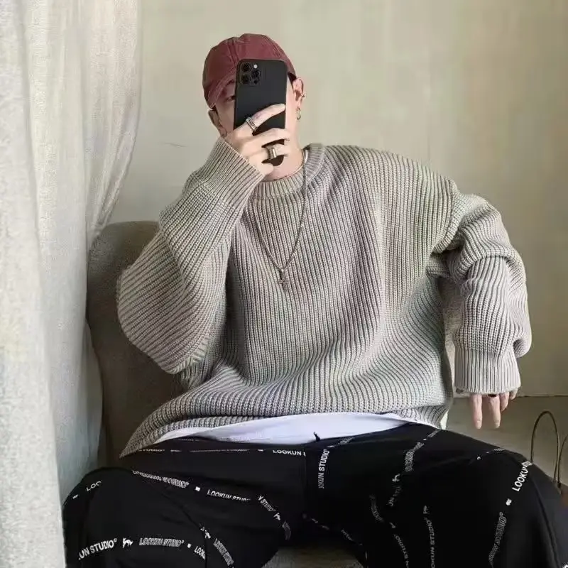 Men Knitted Crewneck Sweater Autumn Winter Loose Fit - Image 3