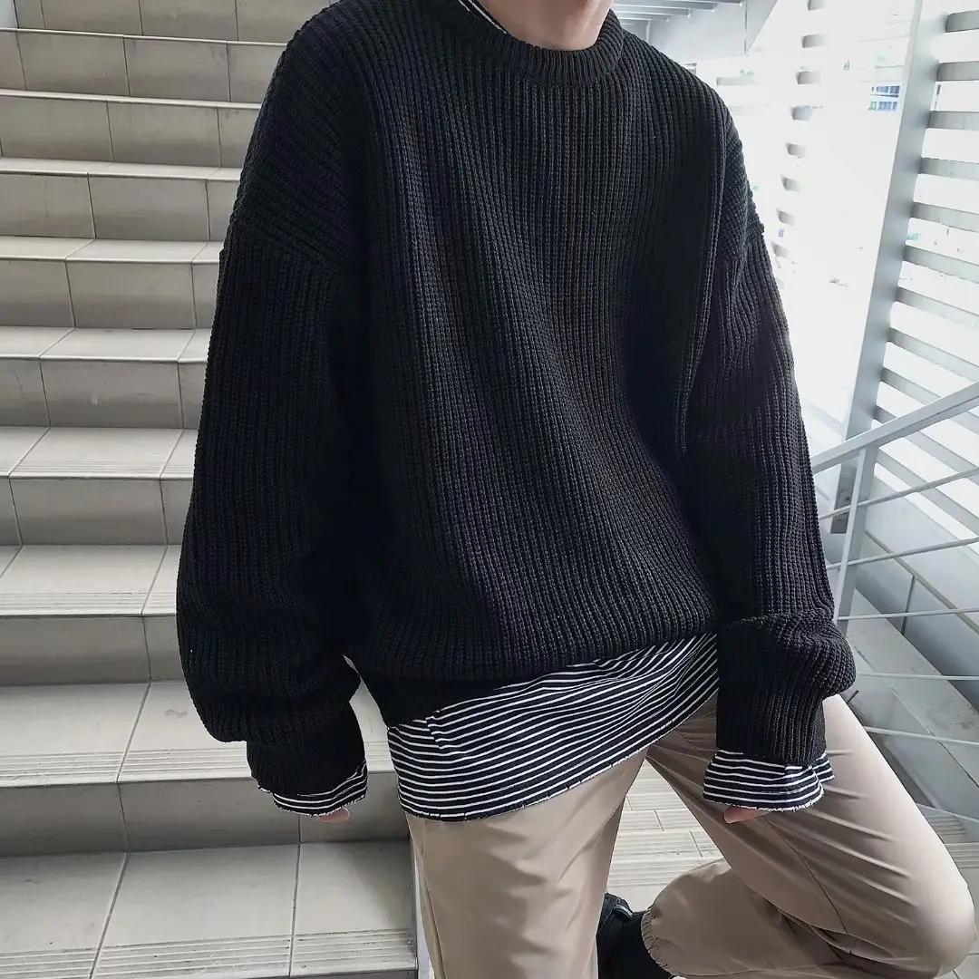 Men Knitted Crewneck Sweater Autumn Winter Loose Fit - Image 2