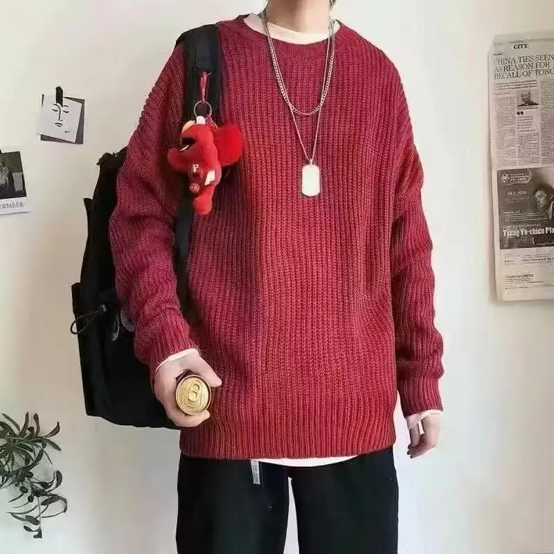 Men Knitted Crewneck Sweater Autumn Winter Loose Fit - Image 5