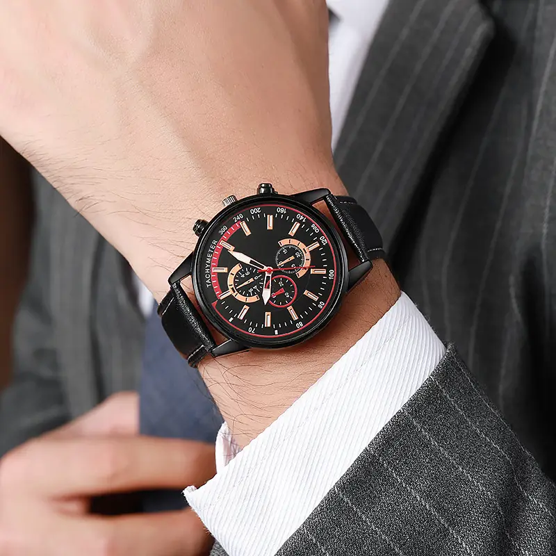 Men's Retro Leather Watch with 3-Eye Dial & Six-Pin Accents