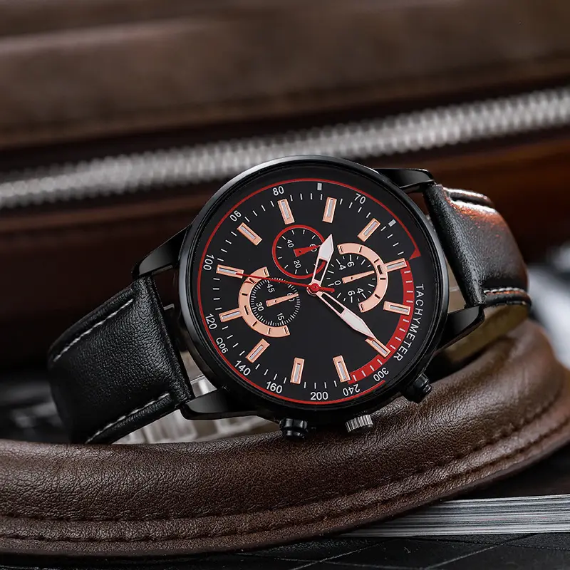Men's Retro Leather Watch with 3-Eye Dial & Six-Pin Accents
