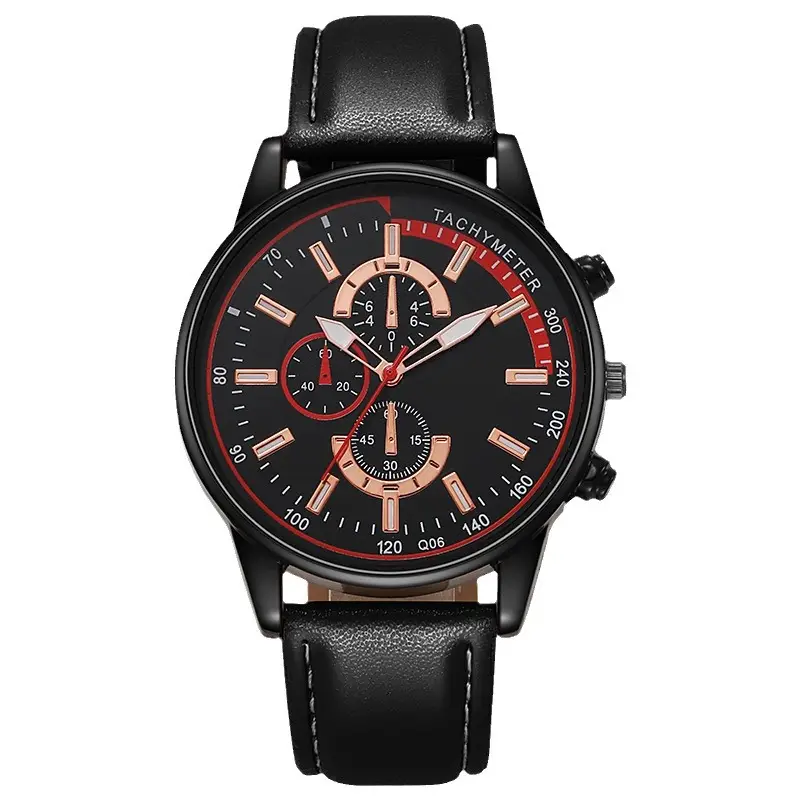Men's Retro Leather Watch with 3-Eye Dial & Six-Pin Accents