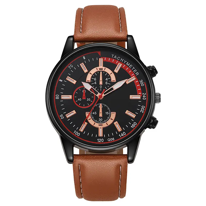 Men's Retro Leather Watch with 3-Eye Dial & Six-Pin Accents