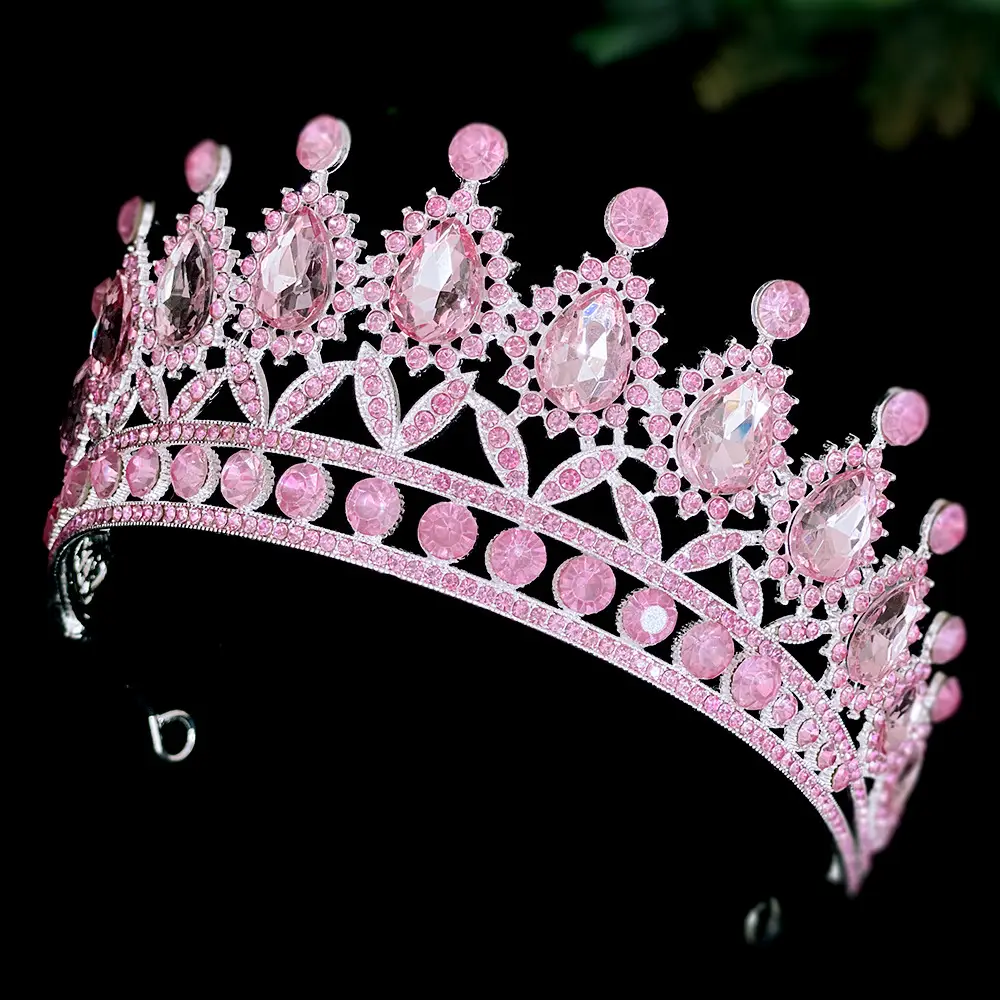 Pink Bridal Crown with Drop Diamonds for Women - Image 9